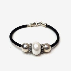 Perlaviva Freshwater Pearl Sterling Silver Black Cord Bracelet 7"